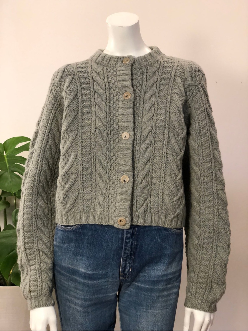 J.Crew 80s 90s Boxy Chunky Cable Knit Sage Green Cardigan Sweater - M